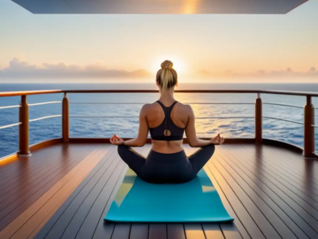 Retiros de yoga en cruceros: Sesión de yoga al amanecer en un lujoso crucero, con el mar sereno y el sol iluminando la escena