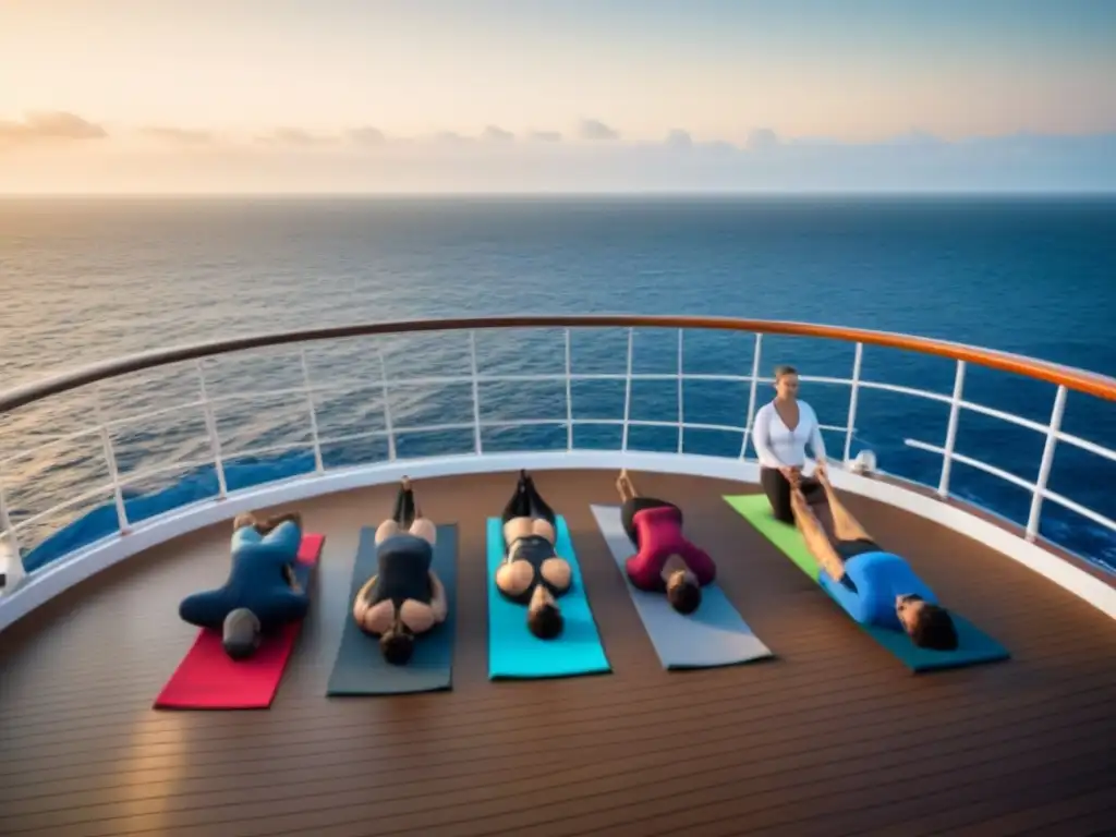 Retiros de yoga en crucero: sesión matutina de yoga en cubierta al amanecer, con calma y serenidad en alta mar