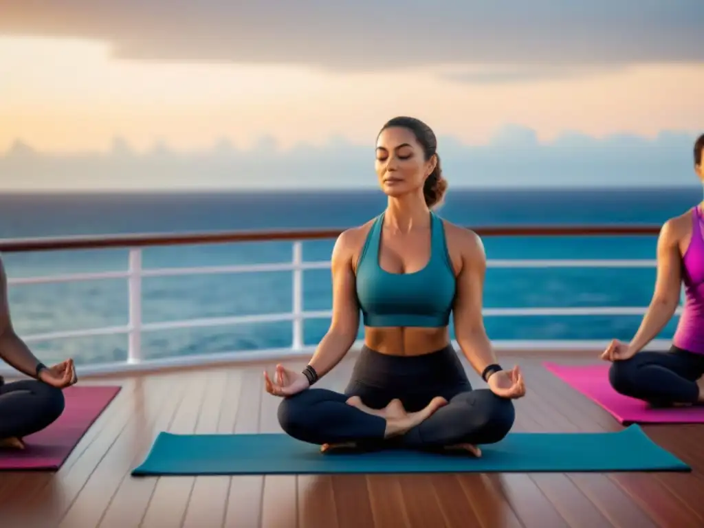 Retiros de yoga en crucero: Instructor guía una clase al amanecer en cubierta, con el mar calmado de fondo y una atmósfera de paz y serenidad