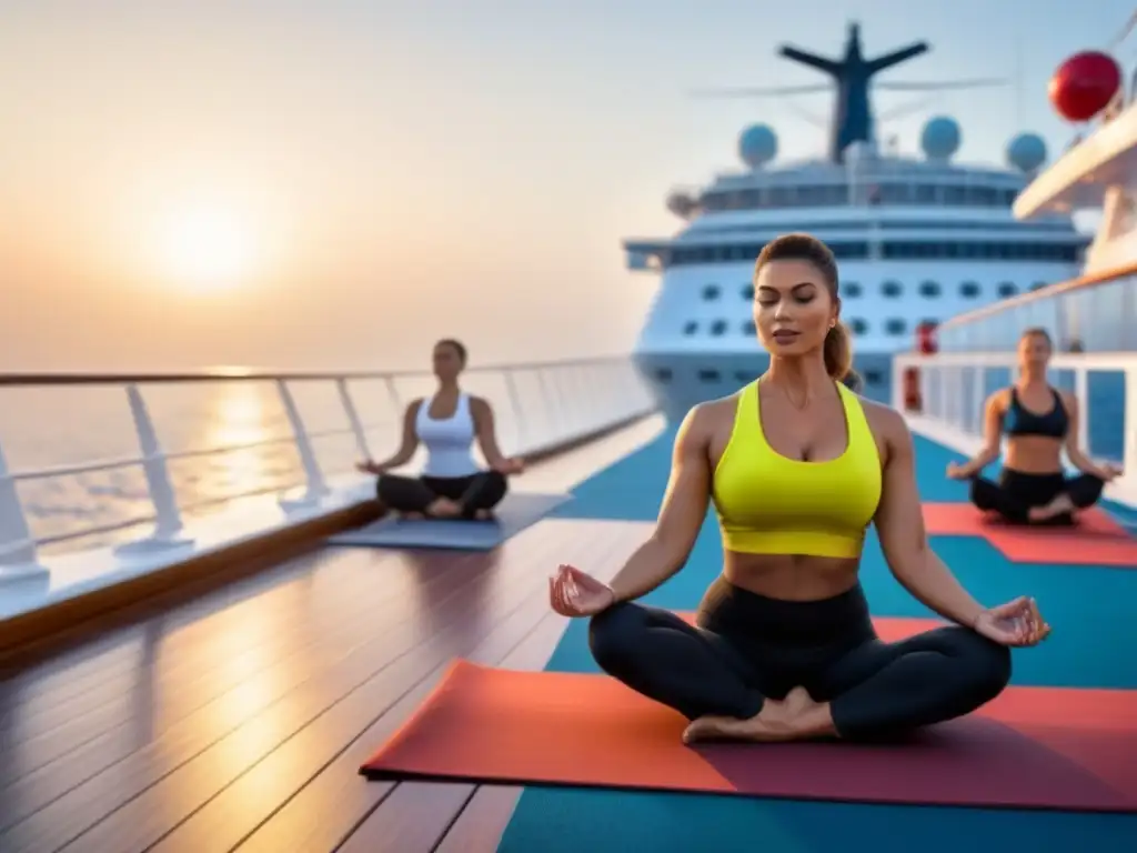 Retiros de yoga en crucero al amanecer, practicantes en armonía con la calma del mar y la serenidad del sol naciente