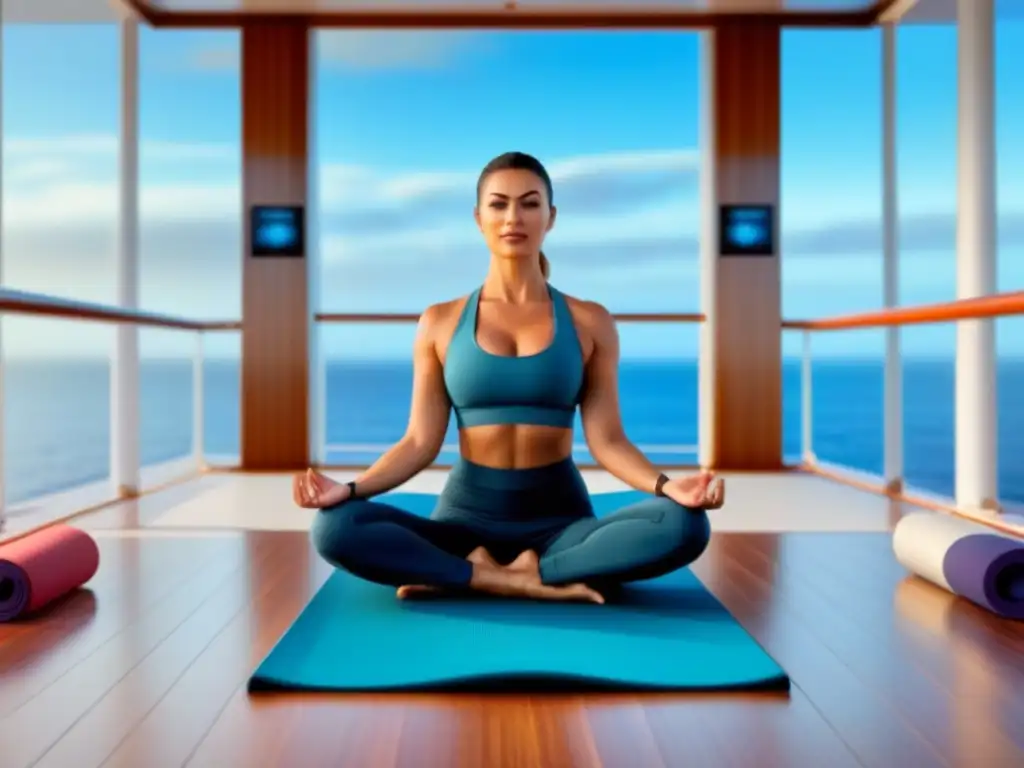 Retiros de yoga en crucero: Deck sereno con vista al mar, luz suave y ambiente tranquilo