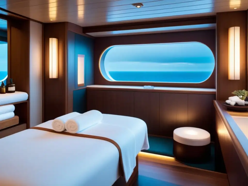 Rituales de Spa en Cruceros: ambiente sereno y sofisticado de una sala de spa en un lujoso barco, iluminada por luz natural