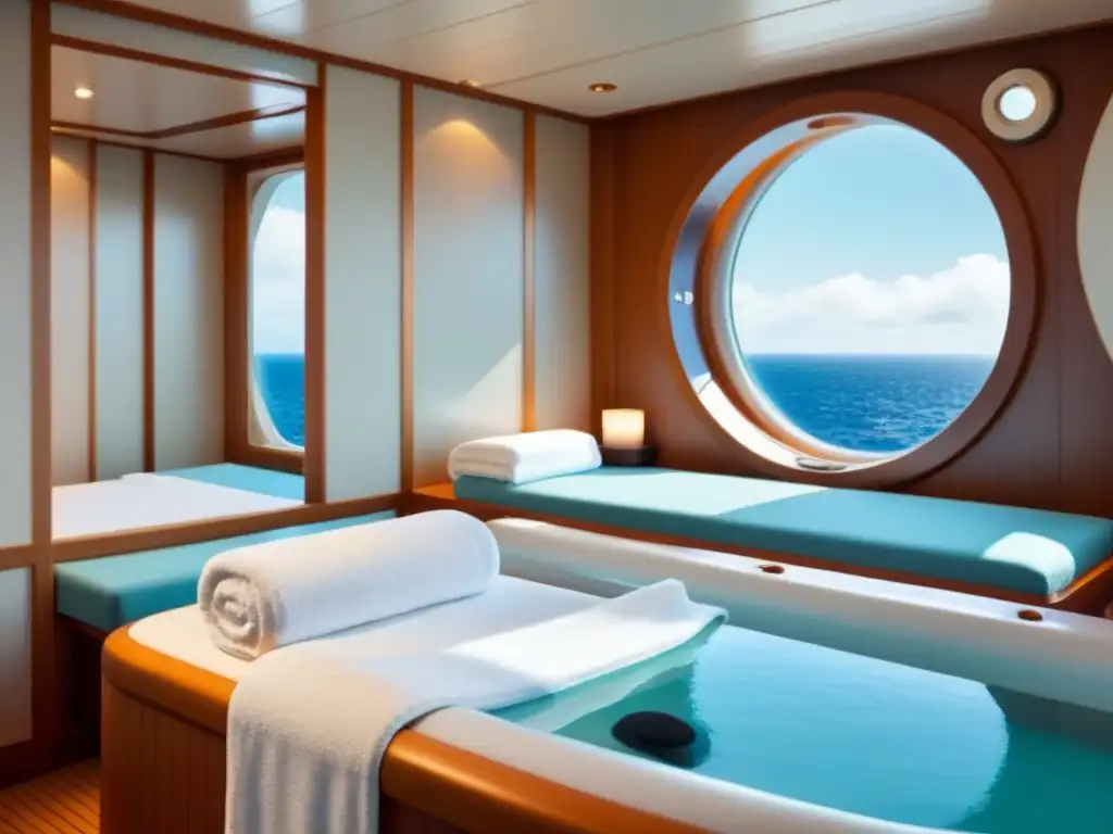 Rituales de Spa en Cruceros: Serenidad y elegancia en una sala de masajes a bordo, con luz natural y toallas blancas