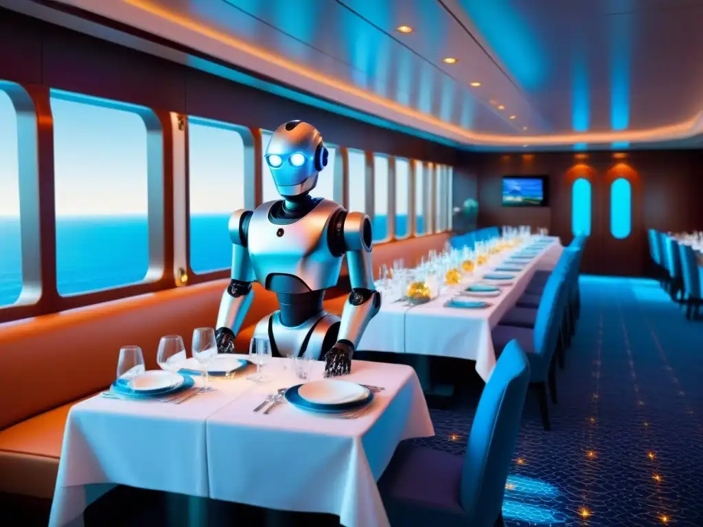 Un robot camarero futurista en un elegante comedor de crucero, equilibrando bandejas de platillos gourmet