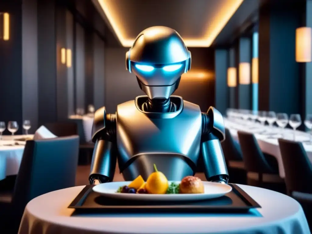 Un robot camarero futurista sirviendo una exquisita comida en un elegante restaurante