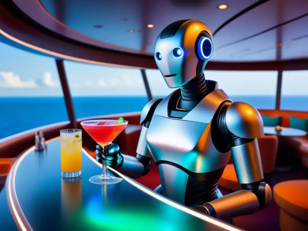 Un robot bartender futurista preparando un cóctel colorido en un crucero de alta tecnología