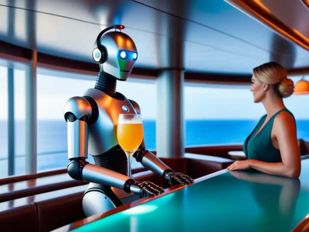 Un robot barman futurista mezcla cócteles coloridos en un crucero de lujo