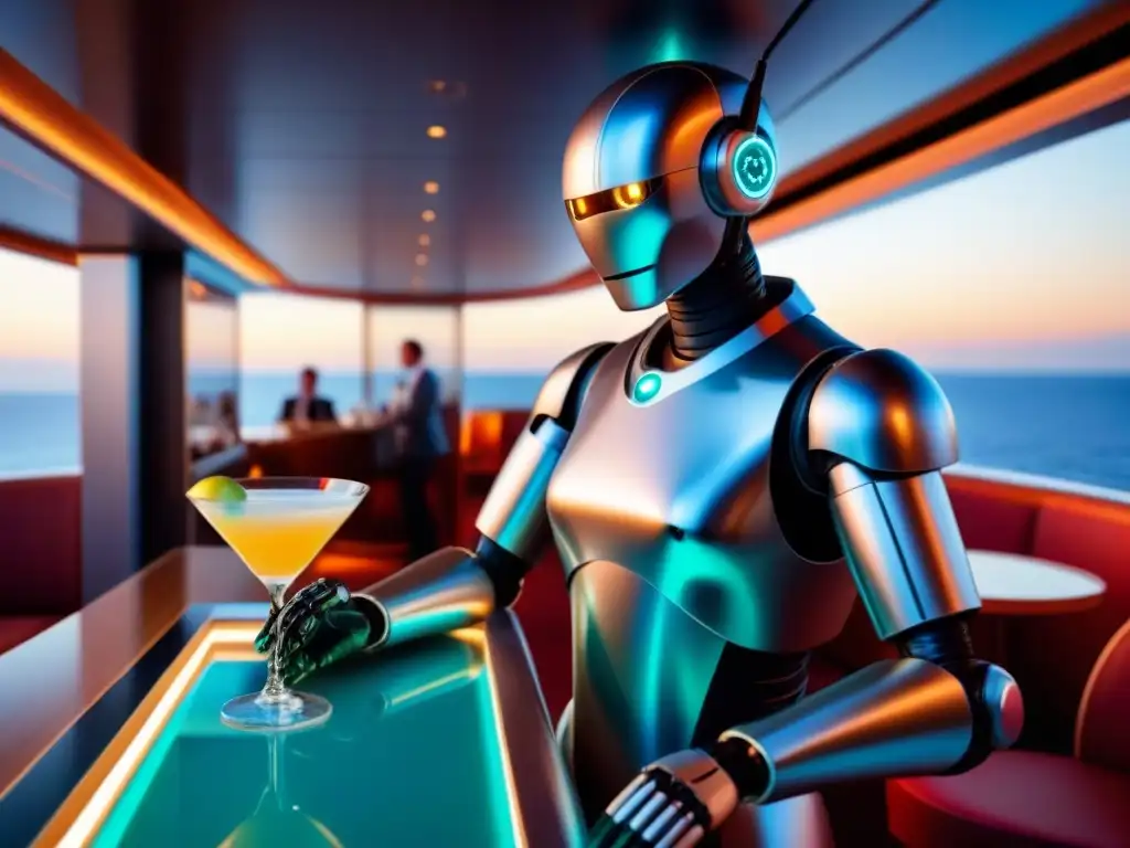 Un robot bartender futurista sirve cócteles en un crucero de lujo al atardecer, mostrando la integración de IA en cruceros