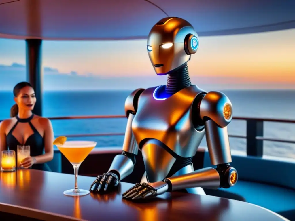 Un robot bartender futurista sirviendo cócteles en un crucero de lujo al atardecer