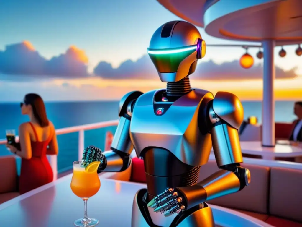 Un robot bartender futurista sirve cócteles a pasajeros en un lujoso crucero al atardecer, mostrando la robótica en cruceros marítimos modernos