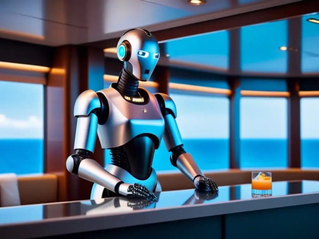 Un robot bartender futurista en un crucero de lujo, mezclando cócteles con elegancia frente al mar