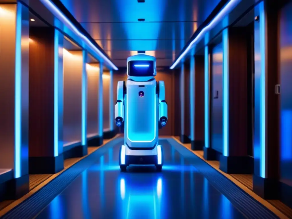 Un robot de desinfección futurista recorre elegantemente un crucero, emitiendo luz UV azul