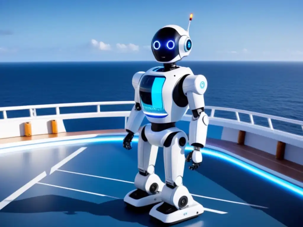 Un robot futurista en un crucero reluciente, muestra innovación en limpieza