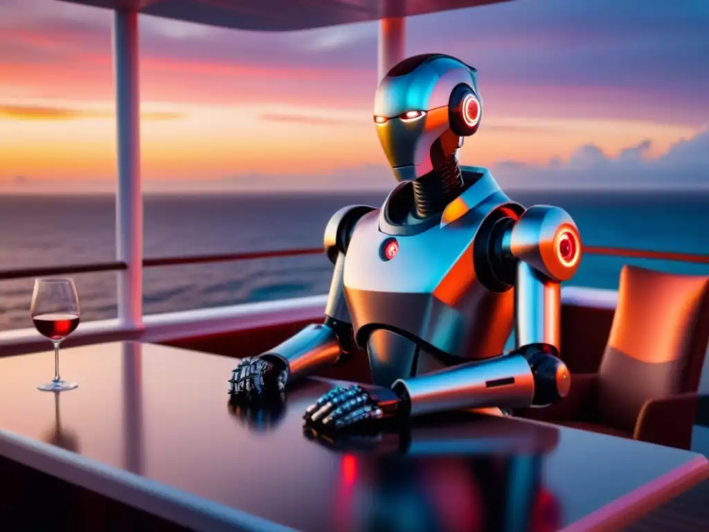 Un robot sommelier futurista sirve vino en un lujoso crucero al atardecer