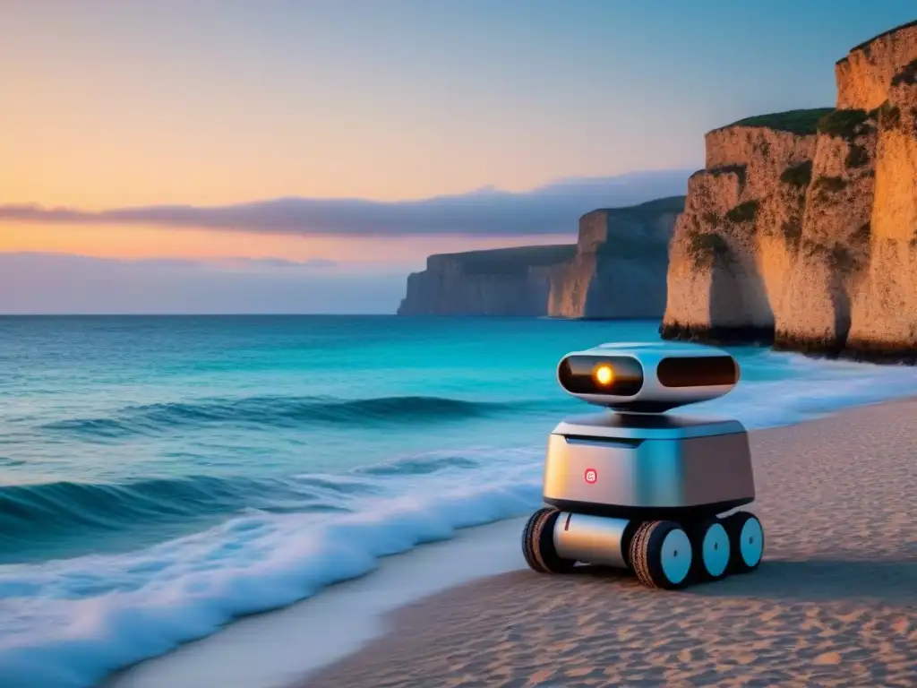 Un robot guía turístico IA liderando un grupo en un paisaje costero, fusionando tecnología y naturaleza