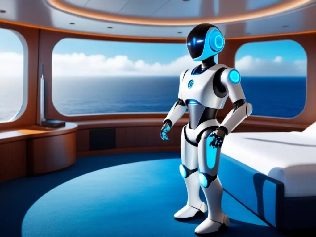 Robot de limpieza de alta tecnología en un crucero, desinfectando con precisión y estilo futurista