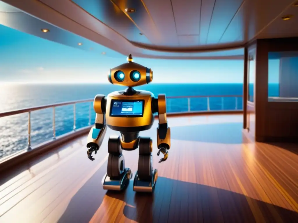 Robot de limpieza de alta tecnología en crucero, deslizándose sobre cubierta bajo el sol brillante