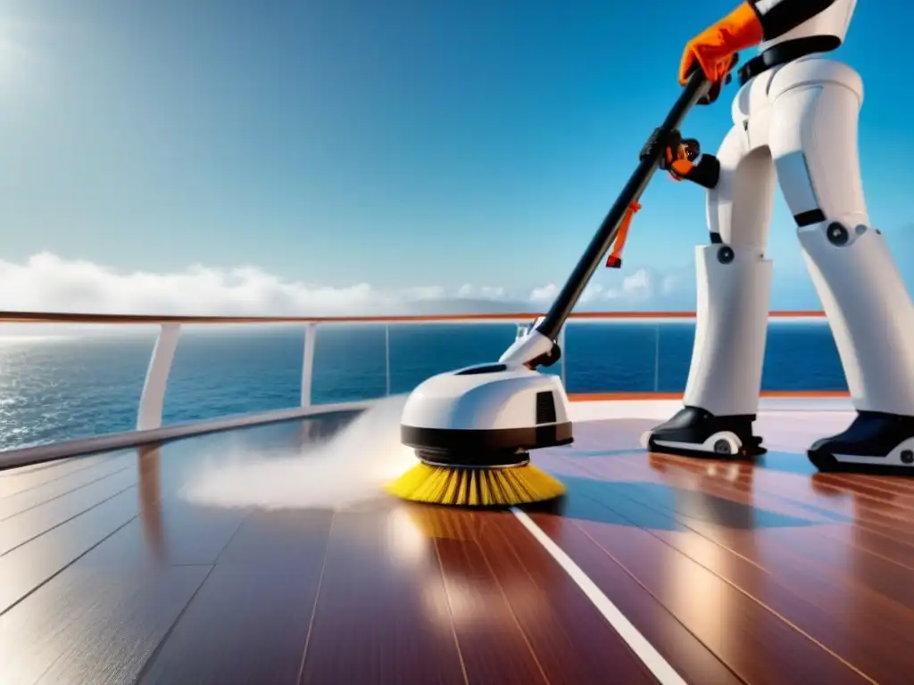 Robot de limpieza blanco en un crucero reluciente bajo el sol, eficiente y moderno en operaciones de limpieza