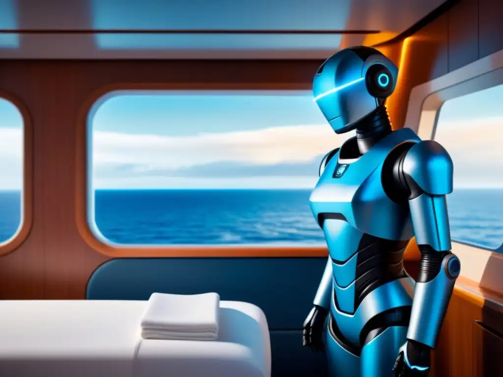 Un robot de limpieza revolucionario en un crucero, creando un ambiente higiénico y futurista en una lujosa cabina