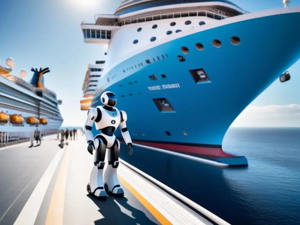 Un robot de mantenimiento de alta tecnología inspecciona un crucero moderno, destacando mejoras tecnológicas en mantenimiento de cruceros