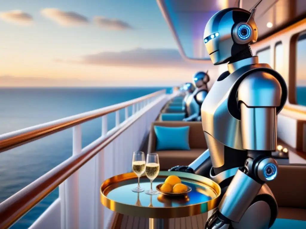 Un robot mayordomo sirve champán en un lujoso crucero al atardecer