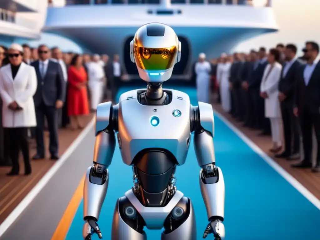 Un robot médico futurista avanzando en un crucero blanco bajo el cielo azul, fusionando innovaciones salud cruceros tecnología