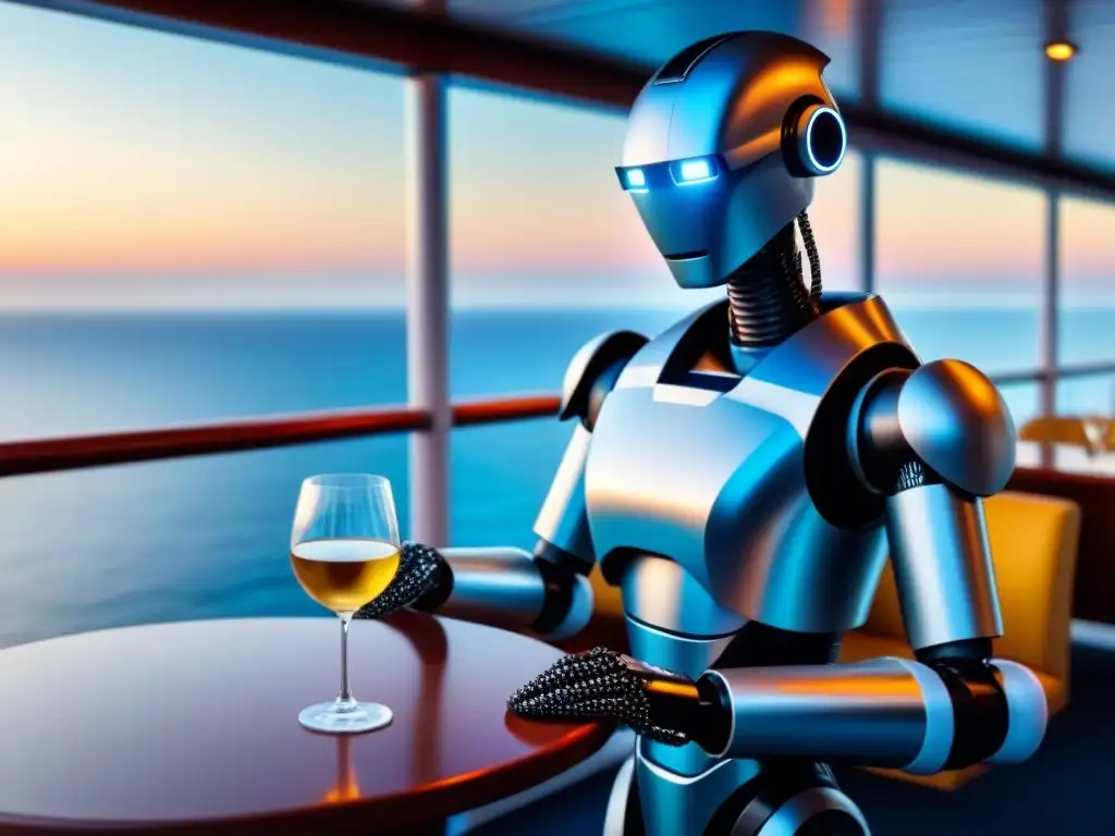 Un robot sommelier de alta tecnología sirviendo vino en un lujoso crucero marítimo