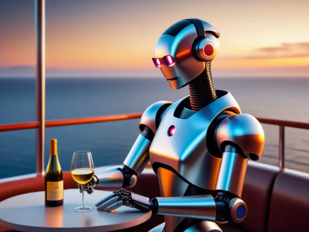 Un robot sommelier en un crucero marítimo sirviendo vino al atardecer, con pasajeros admirando su elegancia y precisión