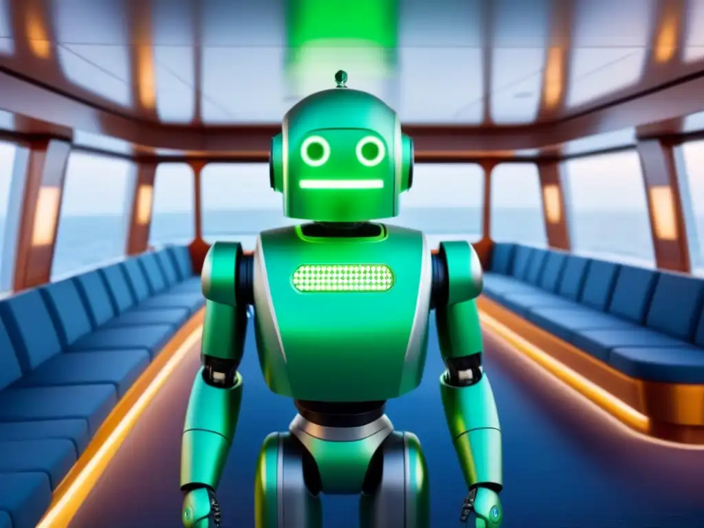 Un robot verde futurista ayuda en un crucero de alta tecnología