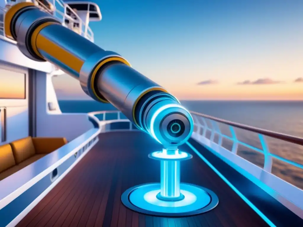 Robótica para eficiencia energética en cruceros: Un brazo robótico futurista reciclando en un crucero moderno frente al mar