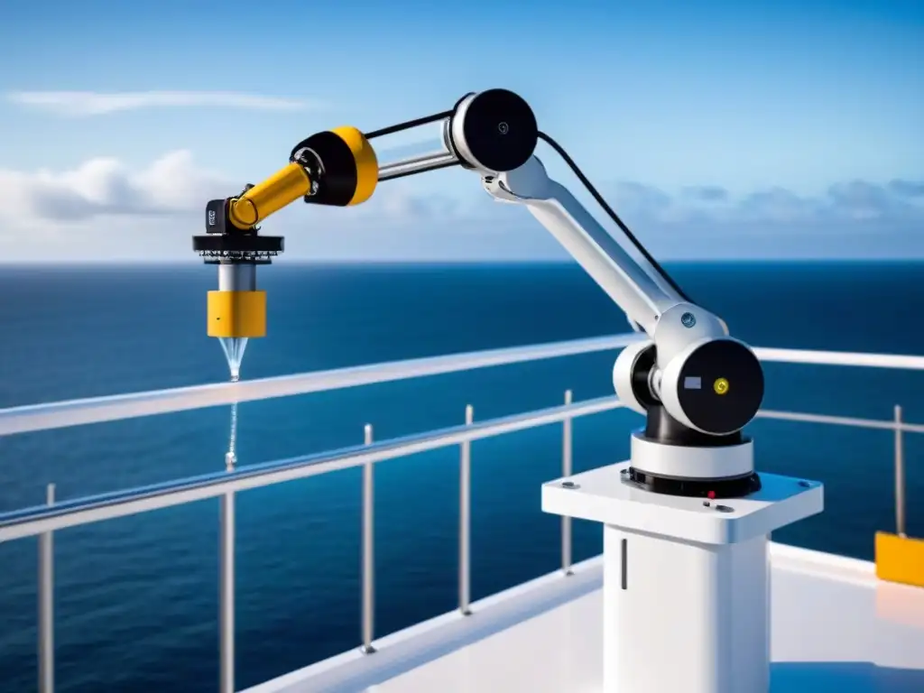 Robótica para eficiencia energética en cruceros: Un brazo robótico eficiente ajusta la energía en un moderno barco de crucero, en un escenario futurista y sostenible en el mar