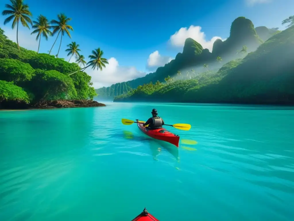 Kayak rojo en aguas turquesas rodeado de palmeras en isla exótica