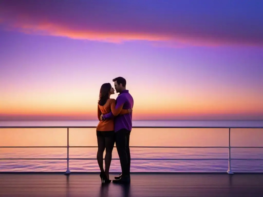 Romance en un crucero al atardecer: pareja abrazada frente al mar en tonos cálidos