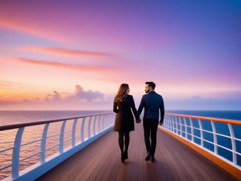 Romance en crucero al atardecer, pareja camina de la mano en cubierta