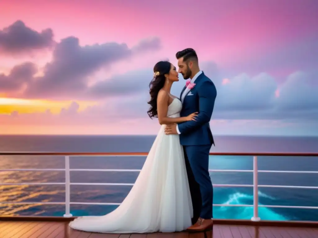 Romance eterno en crucero: pareja de recién casados abrazados en la cubierta, con un atardecer rosado y naranja de fondo