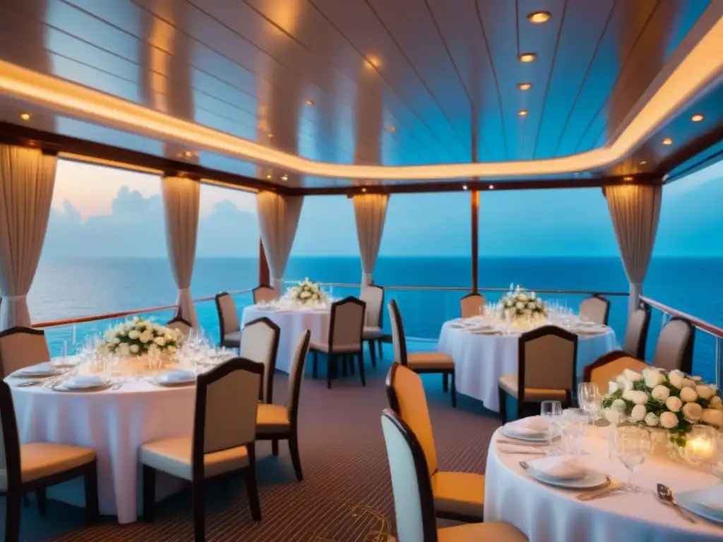 Romántica boda al atardecer en cubierta de crucero de lujo, con decoración elegante y vista al mar