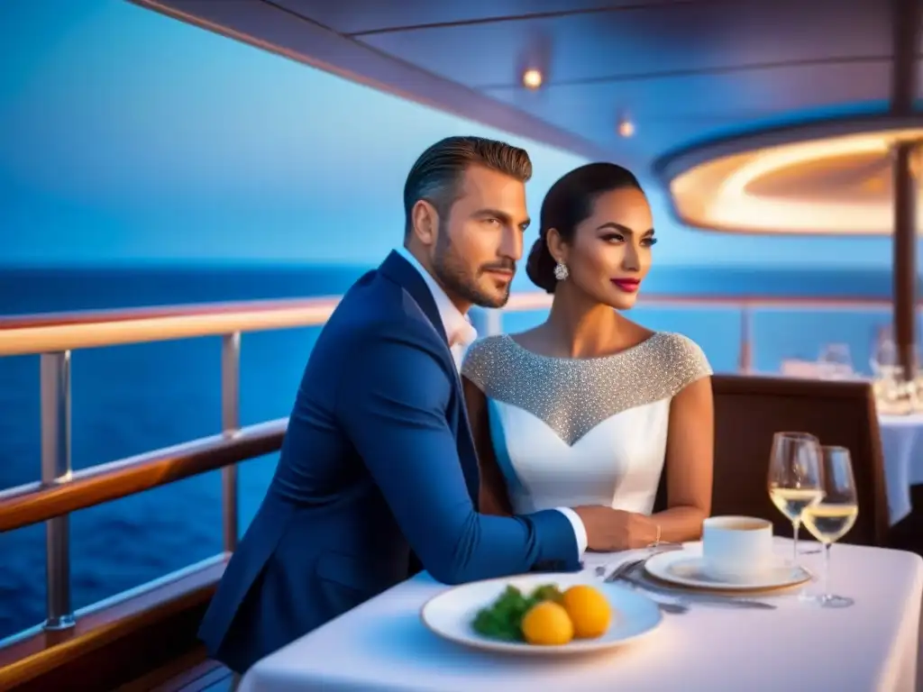 Romántica cena en crucero de lujo: pareja en elegante restaurante con vista al mar estrellado