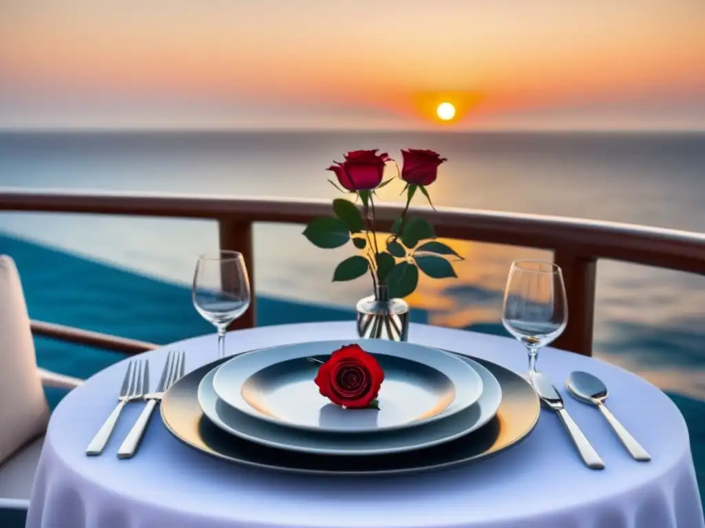 Romántica mesa en crucero al atardecer, con vajilla fina, rosa roja y vela, ideal para parejas en los mejores restaurantes crucero