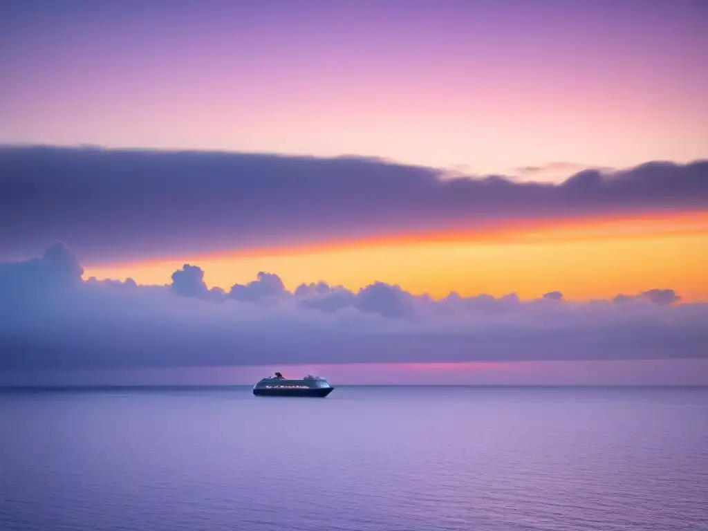 Una romántica puesta de sol en el mar, con un crucero al fondo