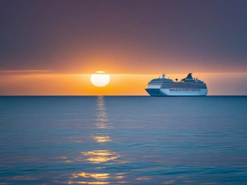 Un romántico atardecer en el mar con un crucero de lujo al fondo y un velero elegante en primer plano