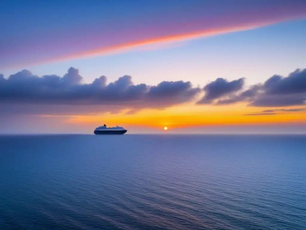 Romántico atardecer en el mar con crucero al fondo, reflejando los cálidos colores del sol