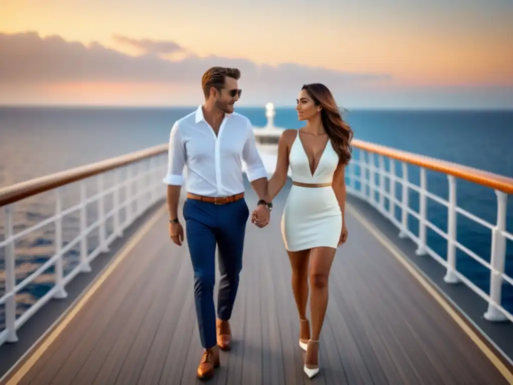 Romántico paseo al atardecer en crucero de lujo, pareja tomada de la mano