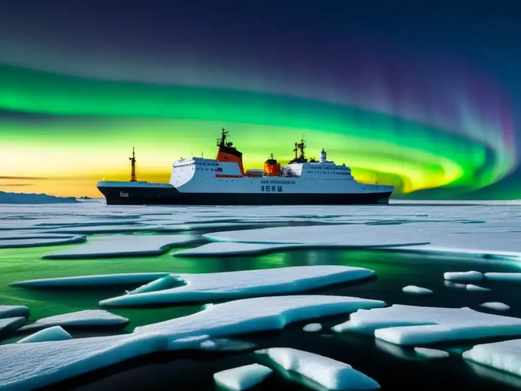 Un rompehielos futurista en el Polo Norte bajo la aurora boreal, reflejando la belleza y dureza de las expediciones turismo marítimo Polo Norte