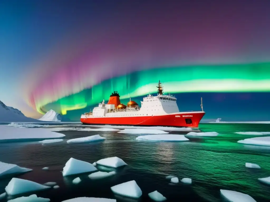 Un rompehielos moderno atraviesa el Ártico bajo la aurora boreal, con montañas nevadas al fondo