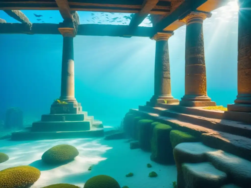 Ruinas coloridas de la ciudad perdida de Atlántida en el mar, rodeadas de peces vibrantes y coral, bajo la luz filtrada del sol