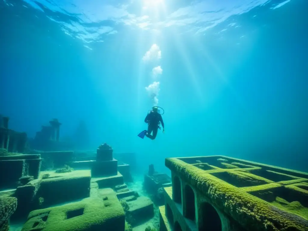 Ruinas misteriosas de la ciudad perdida de Atlántida en el mar, iluminadas por la luz filtrada del agua