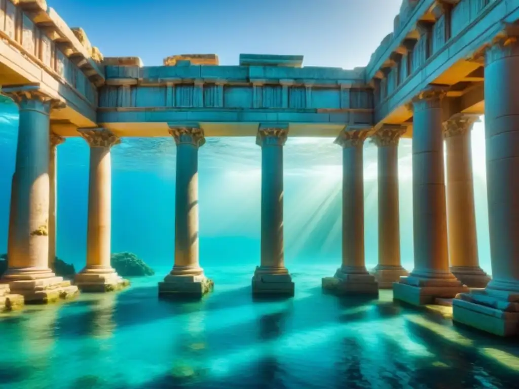 Ruinas de la mítica ciudad de Atlántida sumergida en el mar, con columnas de mármol y corales vibrantes bajo la luz solar