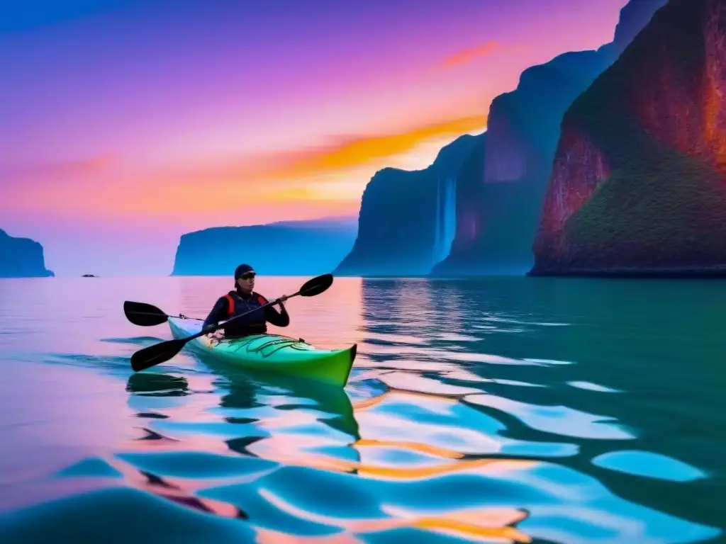 'Rutas de kayak turismo marítimo: kayak solitario en aguas cristalinas al atardecer