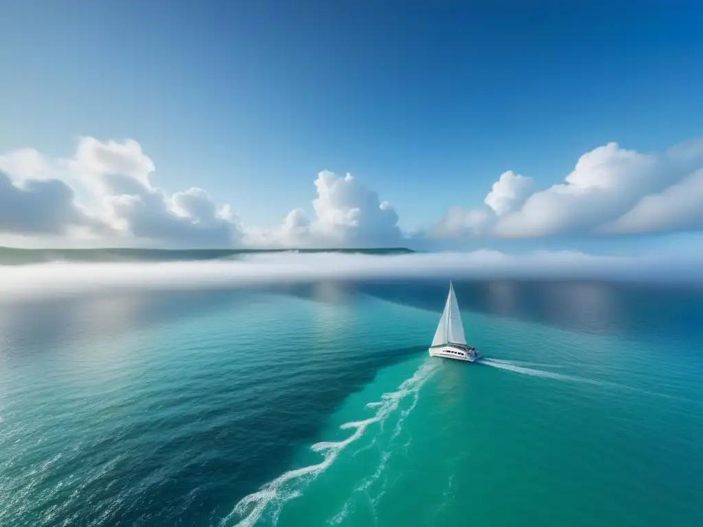 Sailboat blanco en un océano cristalino, reflejando turismo marítimo ecológico sin huella