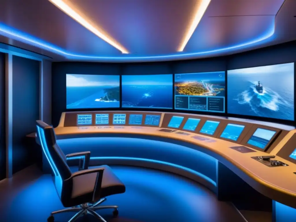 Sala de control de crucero moderna con tecnología avanzada de automatización a bordo, resplandeciendo en tonos azules